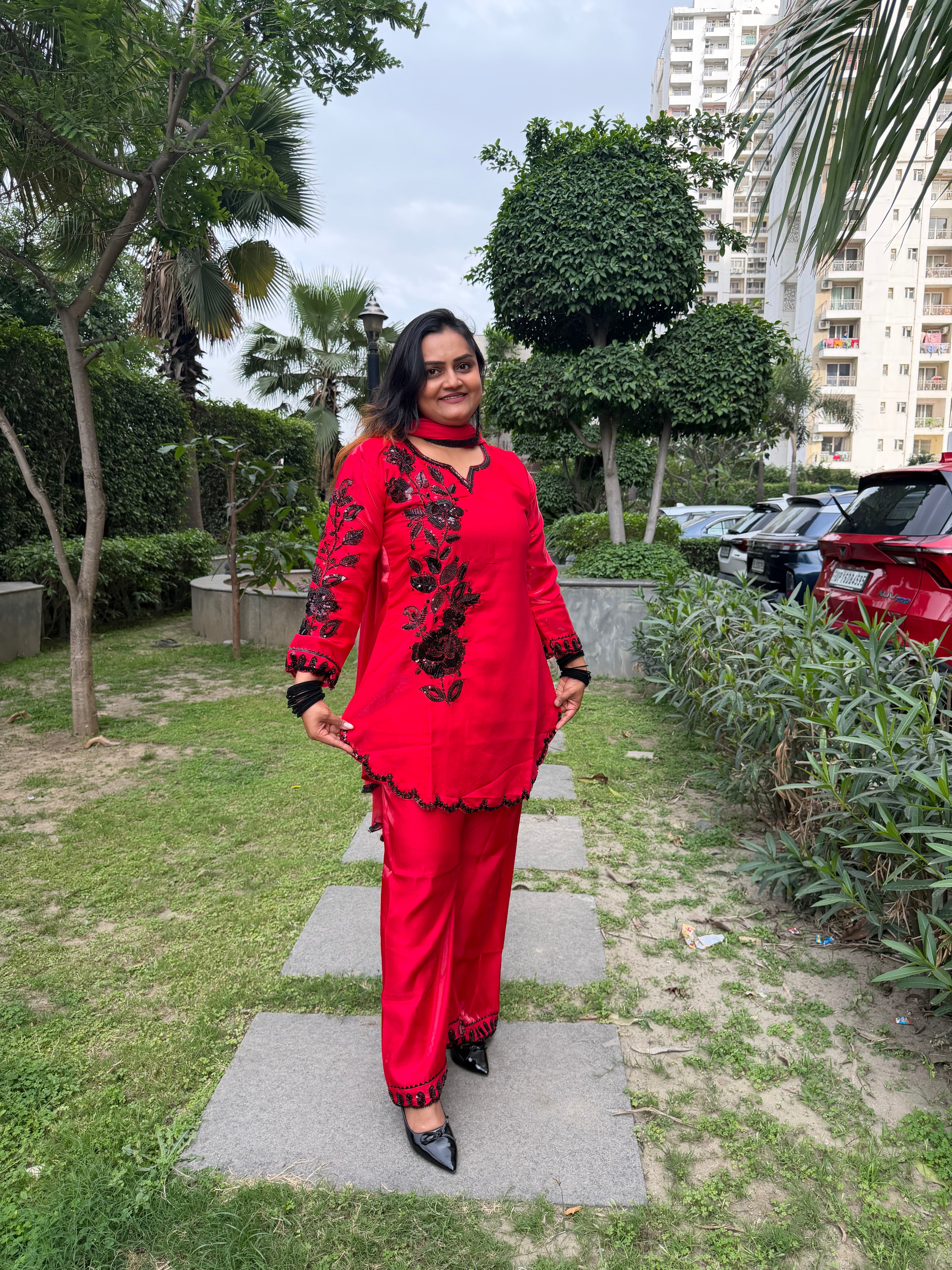 “Yalina” – Red Embroidered Suit Set